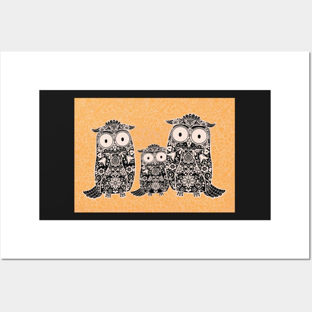 Folk Art Owl Family with Baby Owl on Yellow Floral Background Wall Art by NattyDesigns